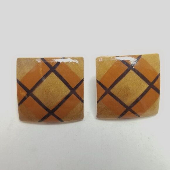 Vintage 70s Style Painted Wood Square Clip On Earrings, Plaid Geometic Pattern - Picture 5 of 5